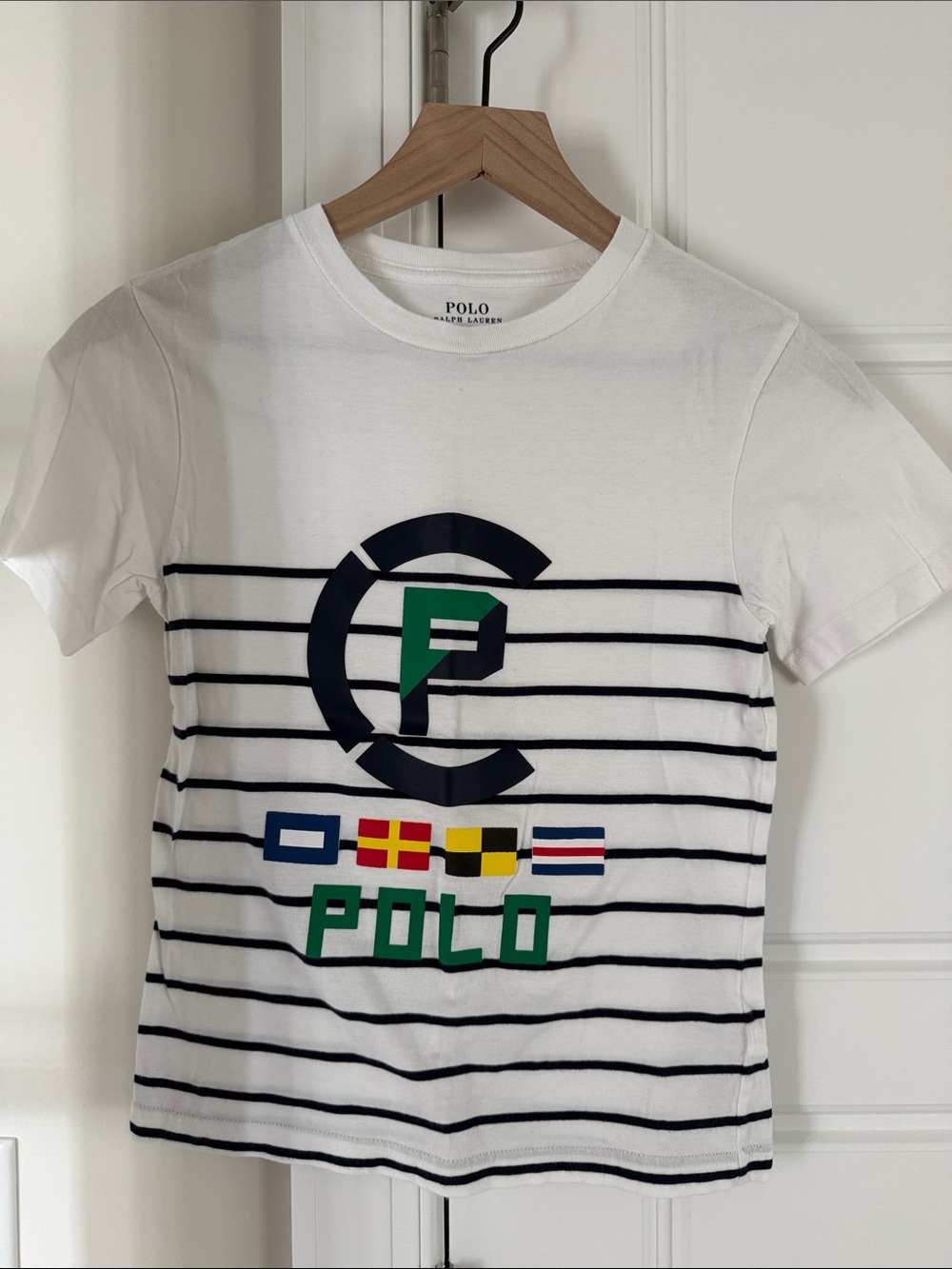Polo by Ralph Lauren White Navy Striped Tee with Green Logo